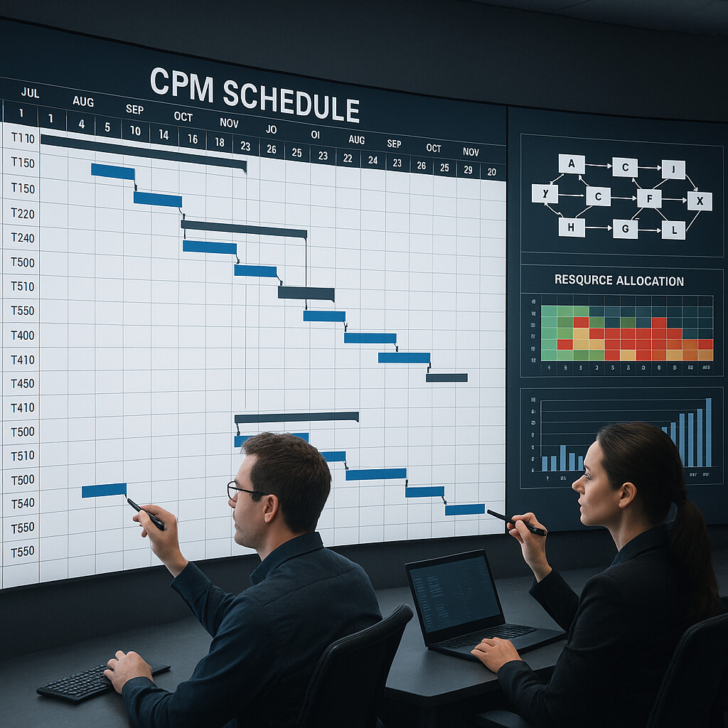 Project planners optimizing a digital CPM schedule wall